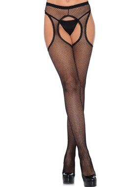 Fishnet Suspender Hose With Scalloped Trim - One Size - Black